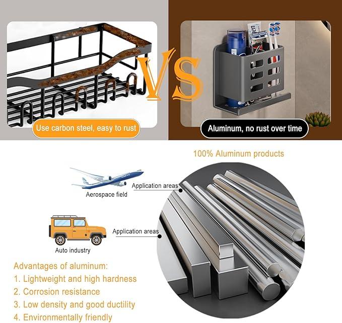 YESENT Grey Wall-Mounted Toothbrush Holder, Aluminum Material Shower Shaver Storage Rack, No Drilling Required, Removable Toothpaste Storage Rack - ModernBath