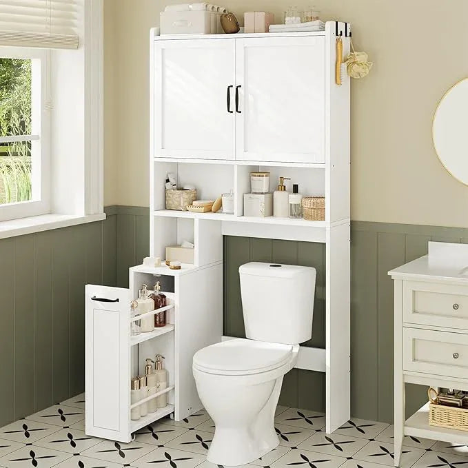 Over The Toilet Storage Cabinet with Pulley Small Bathroom Storage Cabinet, Space Saver W/Adjustable Shelf & Open Shelf for Bathroom, Restroom, Laundry (White) - ModernBath