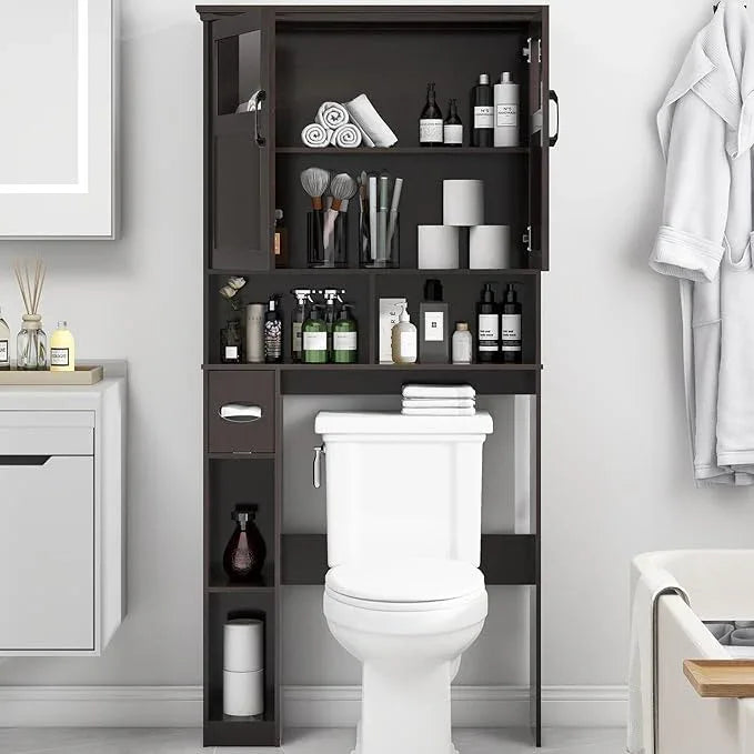 Over The Toilet Storage Cabinet, Storage Cabinet Over Toilet with Double Doors & Toilet Paper Holder Stand, Freestanding Toilet Shelf Space Saver with Anti-Tip Design & Adjustable Shelf, Espresso - ModernBath