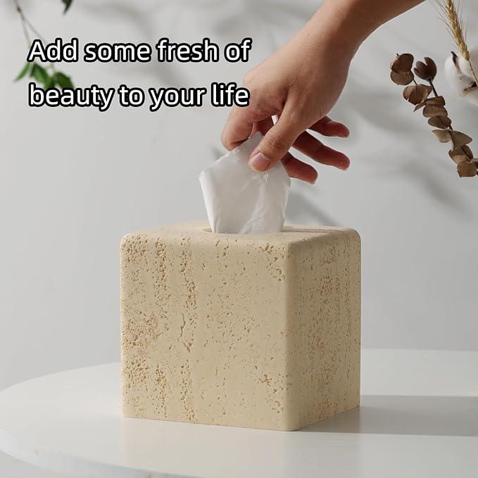 Haocoott Tissue Box Cover Square, Resin Facial Tissue Holder Covers Toilet Paper Holder Decorative Travertine Paper Dispenser Home Decor for Bathroom Bedroom Living Room Office (Square Yellow) - ModernBath