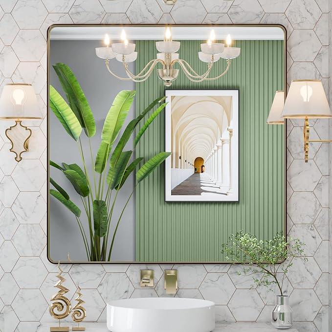 LOAAO 36”X36” Bronze Bathroom Mirrors for Vanity, Rounded Rectangle Brushed Bronze Metal Frame Mirror, Anti-Rust, Tempered Glass, Hangs Horizontally or Vertically - ModernBath