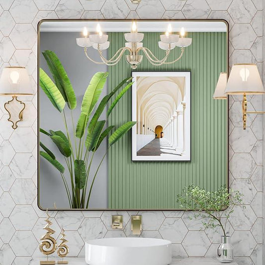 LOAAO 36”X36” Bronze Bathroom Mirrors for Vanity, Rounded Rectangle Brushed Bronze Metal Frame Mirror, Anti-Rust, Tempered Glass, Hangs Horizontally or Vertically - ModernBath