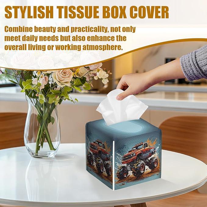 Monster Truck Tissue Box Cover 2PCS, Leather Tissue Box Holder Square Facial Paper Case Tissue Box Cube Organizer for Bathroom Bedroom Desk Office - ModernBath