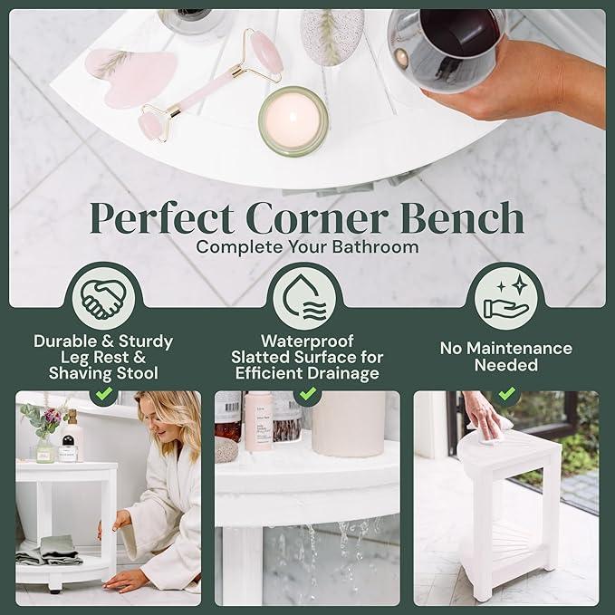 ROHKEX Waterproof Corner Shower Stool - Shower Bench (White HDPE, Corner Stool) - Waterproof Slatted Surface for Efficient Drainage - for Indoor and Outdoor Use, Decor Gift for Home and Mom - ModernBath
