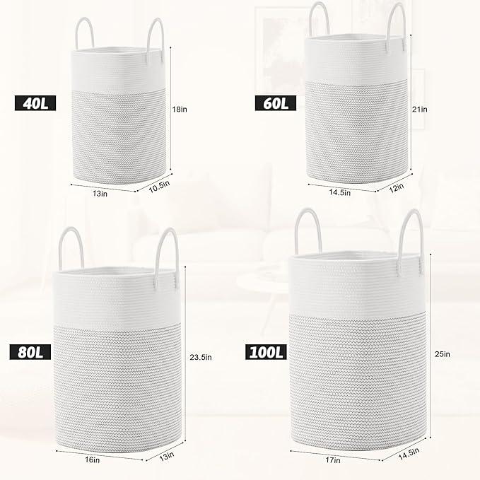 Laundry Basket,Woven Cotton Rope Laundry Hamper,Versatile Storage for Dirty Clothes,Baby Toys,and Blankets in Bathroom, Nursery,and Living Room (White, 100L) - ModernBath