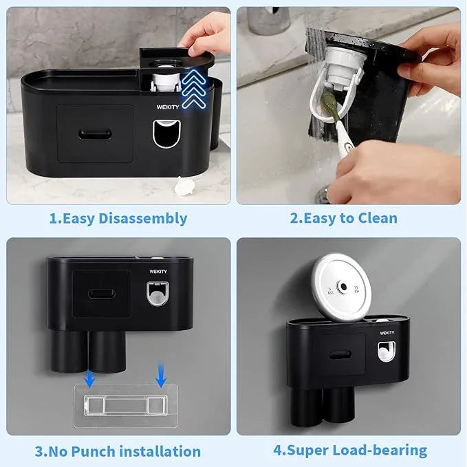 Wekity Multifunctional Wall-Mounted Toothbrush Holder, Automatic Toothpaste Dispenser Space Saving Toothbrush and Toothpaste Holder, with 2 Cups and Drawers Cosmetic Organizer (Black) - ModernBath