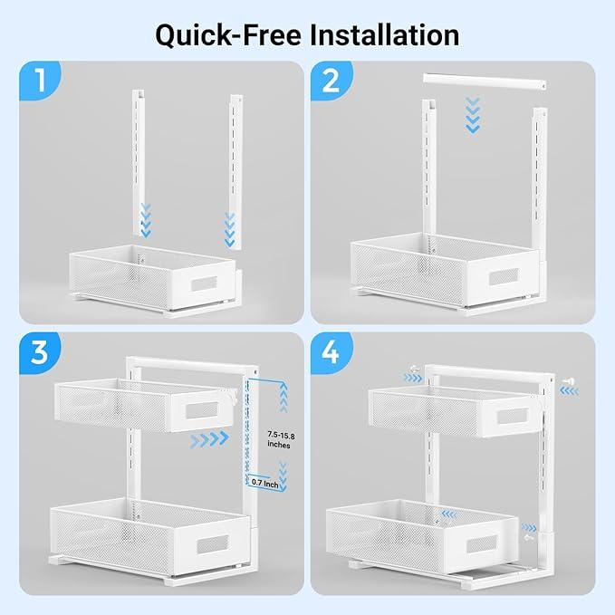 Pull-out Under Kitchen Sink Organizer, Metal Functional Under Sink Organizer, Height Adjustable Under Bathroom Sink Organizer, Under Sink Storage for Kitchen Bathroom Cabinet (White) - ModernBath
