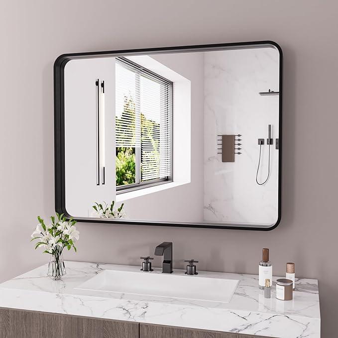 JISOSO Black Bathroom Mirror 40X30 Inch, Black Metal Framed Mirror for Wall, Rounded Rectangle Matte Bathroom Vanity Mirror with Tempered Glass, Anti-Rust, Horizontal/Vertical - ModernBath