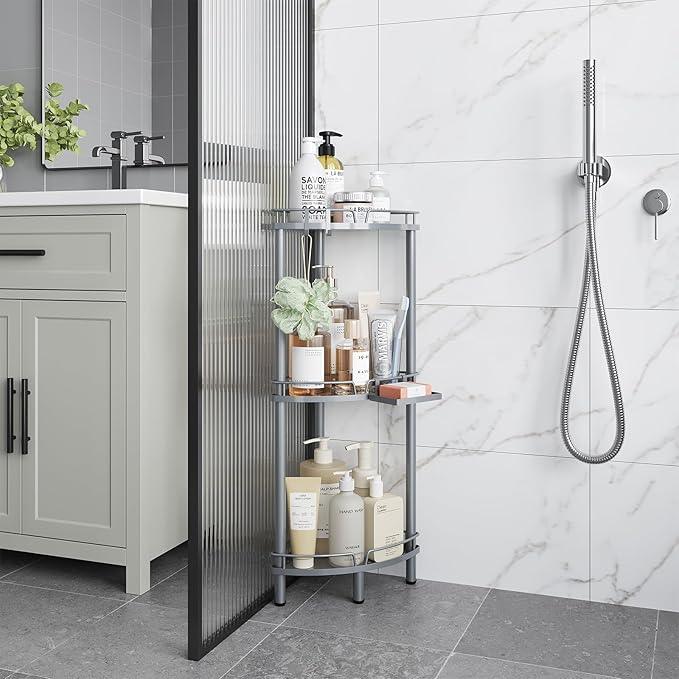 ELYKEN Corner Shower Caddy Standing, 3 Tier Rustproof Metal Shower Organizer with Soap Holder, Floor Shower Corner Shelf Rack Storage Stands with Adjustable Feet & 2 Hooks for Bathroom, Silver - ModernBath