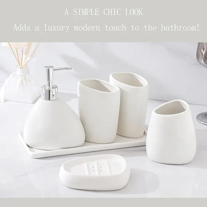 BLBYHO Ceramic Bathroom Accessory Set with Ceramic Tray, 6 Pieces Bathroom Countertop Accessory Set, Include Soap Dispenser, Toothbrush Holder, 2 Tumbler, Soap Dish, Vanity Tray,White - ModernBath