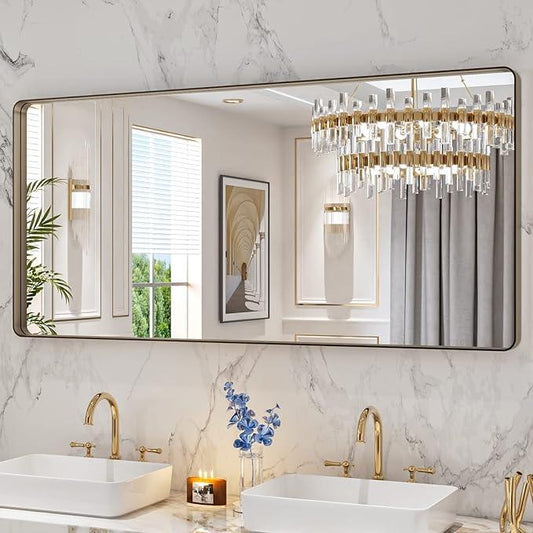 LOAAO 60”X28” Bronze Bathroom Mirrors for Vanity, Rounded Rectangle Brushed Bronze Metal Frame Mirror, Anti-Rust, Tempered Glass, Hangs Horizontally or Vertically - ModernBath