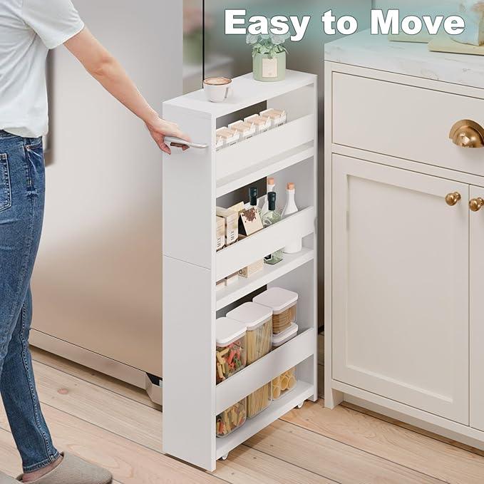 MARTY White Slim Storage Cart with Wheels, 4 Tier Rolling Utility Cart with Handle Slide Out Shelving Unit Organizer Trolley for Laundry Kitchen Bathroom Narrow Places Small Corner - ModernBath