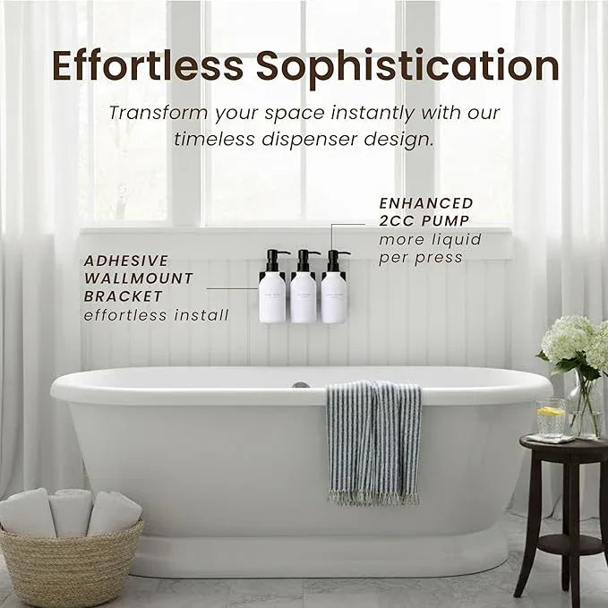 MaisoNovo Shampoo and Conditioner Dispenser - Shower Soap Dispenser Wall Mounted - 16.9 fl oz Set of 3 White Plastic Bottles Black Pump - 3 Chamber No Drill - ModernBath