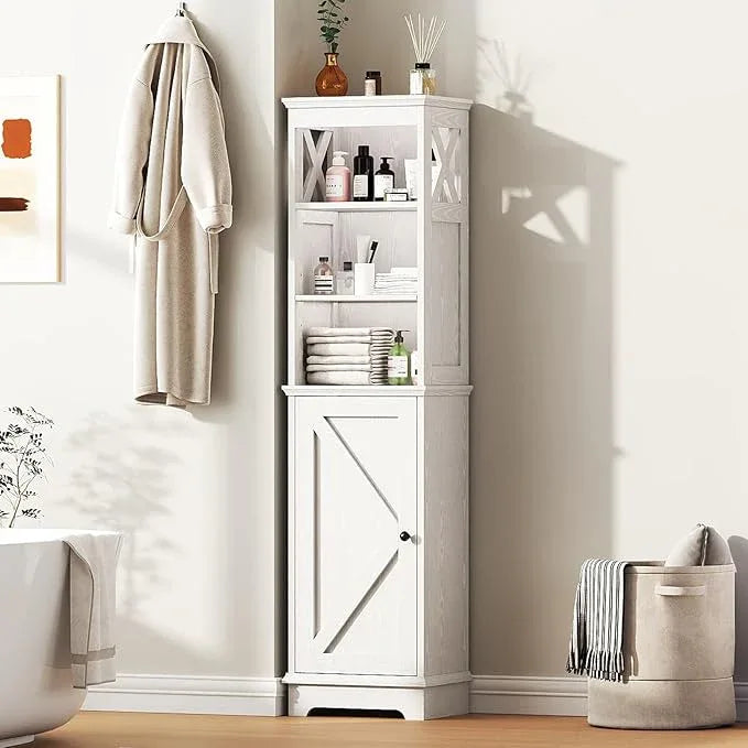 Narrow Bathroom Storage Cabinet with Door and Open Adjustable Shelves, 60.9" H Wooden Tall Tower Corner Farmhouse Cabinet, Freestanding Organizer for Kitchen, Entryway White - ModernBath