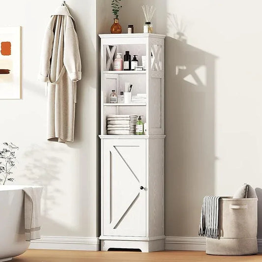 Narrow Bathroom Storage Cabinet with Door and Open Adjustable Shelves, 60.9" H Wooden Tall Tower Corner Farmhouse Cabinet, Freestanding Organizer for Kitchen, Entryway White - ModernBath