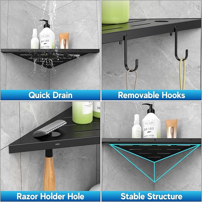 Corner Shower Shelves, 10" Matte Black 304 Stainless Steel Recessed Shelf for Bathroom，Grout in Shelf with Hooks for Tiled Wall 2 Pack (Black) - ModernBath