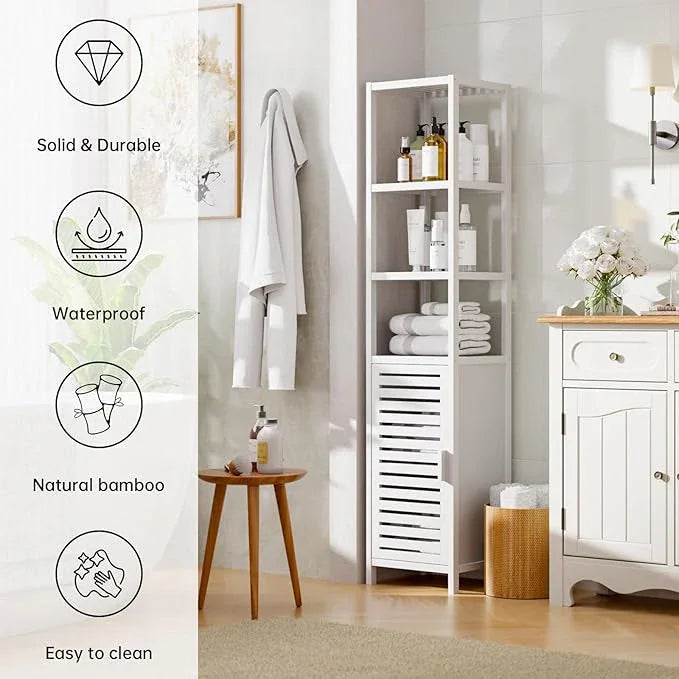 HITNET Bathroom Tall Cabinet, Floor Standing Bamboo Storage Cabinet with 6 Shelves and Shutter Door for Kitchen Living Room, White - ModernBath