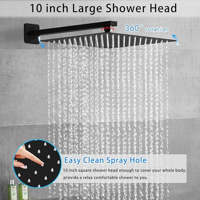 Matte Black Shower System YCAIKOI Wall Mount Shower Faucet Set for Bathroom 10 Inch High Pressure Luxury Shower Head with Handheld, Rough-in Valve Body and Trim Included - ModernBath