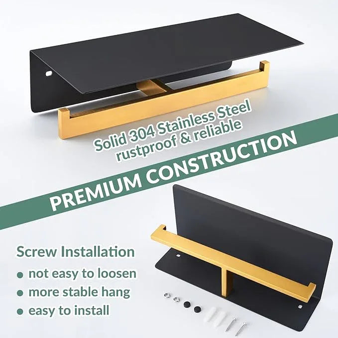 APLusee Double Toilet Paper Holder with Phone Shelf, 304 Stainless Steel Bathroom Tissue Hanger, Wall Mounted Dual Roll Paper Dispenser, Black & Gold - ModernBath
