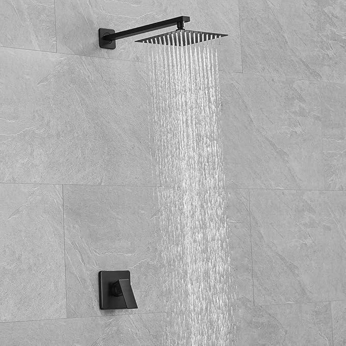 Heable Matte Black Shower Faucet Set, Single Function Shower Trim Kit with Rough-in Valve, Square Rain Shower Head System Included Extra Long Shower Arm for Bathroom - ModernBath