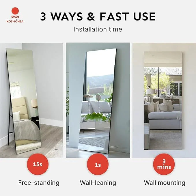 Kosmonia 68x20 Frameless Full Length Silver Coating Mirror w/Distortion Free, HD Reflection &Anti Desilvering, Tempered Glass & Shatter Proof Film Doubling Safety, Easy Setup w/Stand, Wall/Standing - ModernBath
