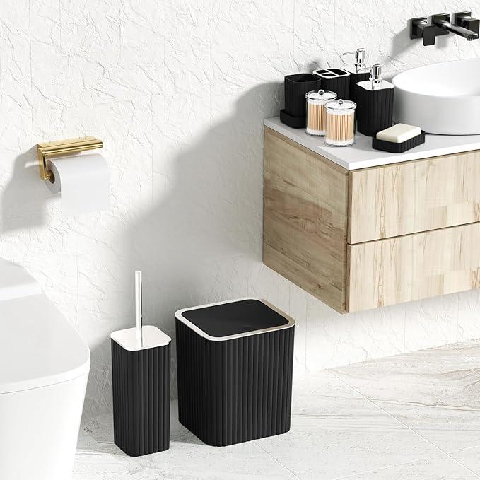 XLHOMO Bathroom Accessories Set - Gorgeous Bathroom Set, 10PC Black Bathroom Accessory Set, Toilet Brush, Trash Can, Qtip Holder Dispenser & Soap Dispenser - ModernBath
