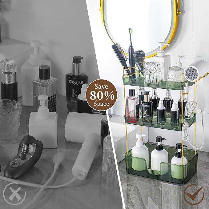 YCIA&DONE Bathroom Counter Organizer, Large Makeup Organizer Countertop, Shelf Storage, Vanity Tray, Easily Assemble for Bathroom Organizers and Storage, Undersink, Cabinet, 3 Tiers Green - ModernBath