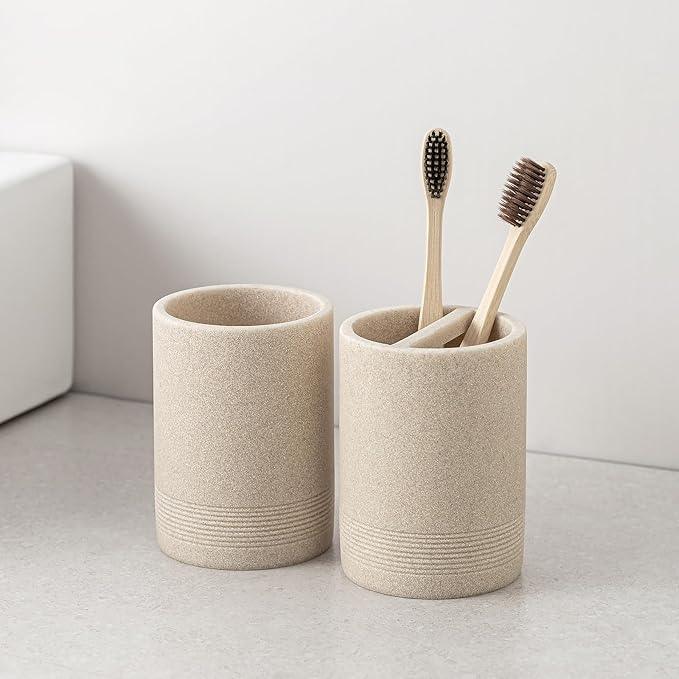 Haocoott Bathroom Accessories Set, 6 PCS Modern Bathroom Accessory Set with 15.2 OZ Soap Dispenser, Toothbrush Holder, Vanity Tray, Tumbler, 2 PCS Qtip Holders (Beige) - ModernBath