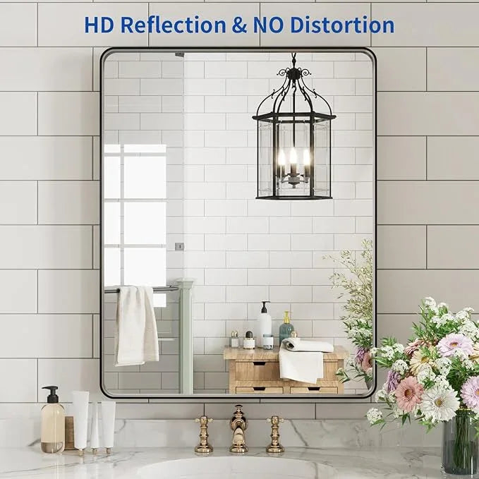 WEER Black Bathroom Vanity Mirror 20X28 Inch, Rounded Rectangle Black Metal Framed Mirror for Over Sink Wall, Farmhouse Matte Black Mirror, Tempered Glass, Anti-Rust, Hangs Horizontal or Vertical - ModernBath