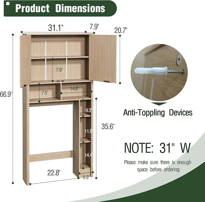 31''W Over The Toilet Storage Cabinet with Fluted Door, Oak Bathroom Organizer with Adjustable Shelf, 67''H Tall Natural Toilet Paper Holder Stand Wave Door for Restroom, Laundry Room - ModernBath