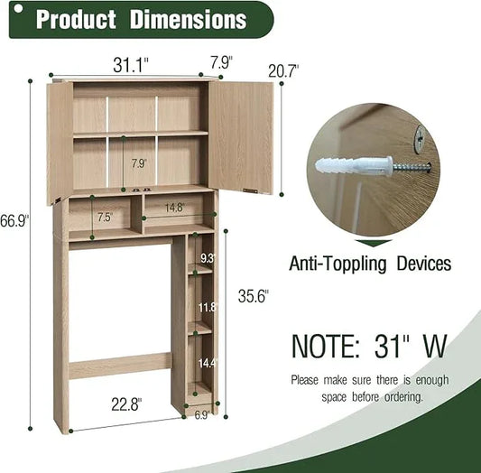 31''W Over The Toilet Storage Cabinet with Fluted Door, Oak Bathroom Organizer with Adjustable Shelf, 67''H Tall Natural Toilet Paper Holder Stand Wave Door for Restroom, Laundry Room - ModernBath