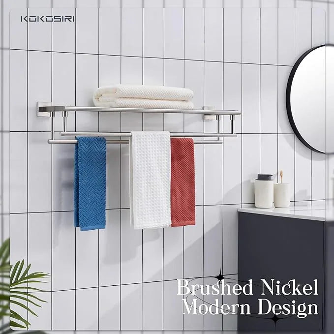 KOKOSIRI Towel Shelf with Double Towel Bars 32 Inches Bathroom Towel Rack Bath Towel Holder Wall Mounted Stainless Steel, Brushed Nickel, B6005BR-L32 - ModernBath