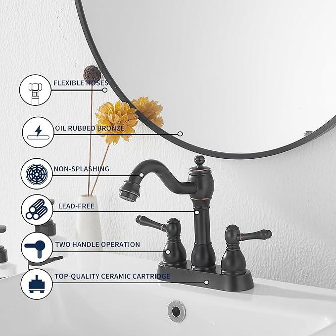 GGStudy Oil Rubbed Bronze Bathroom Faucet 2 Handles 4 Inches Centerset RV Bathroom Vanity Faucet with Drain Assembly and Supply Hose Lavatory Faucet - ModernBath