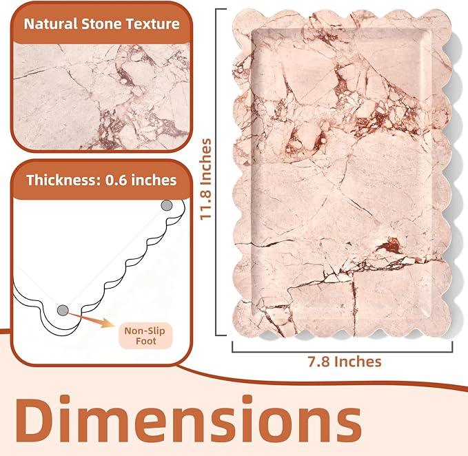 Yew & Tulip Natural Marble Vanity Tray with Scalloped Rim, Nature Rose Pink Luxury Stone Serving Tray for Bathroom, Kitchen, Vanity, Home Decor, Wedding etc. (12"x 8" x 0.6") - ModernBath
