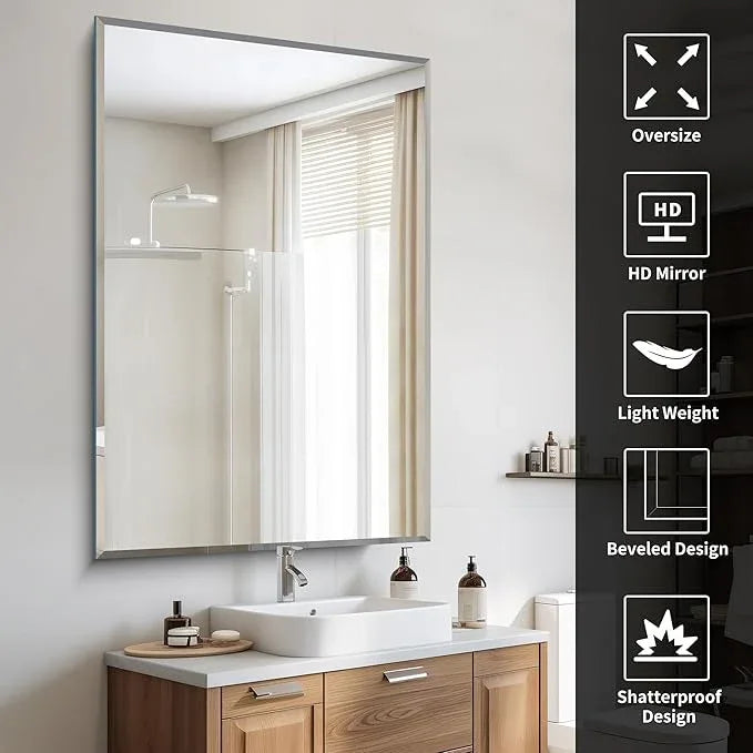 CILIBER Beveled Mirror, 55x36 Large Bathroom Mirrors for Over Sink, Lightweight Design Beveled Frameless Vanity Mirror Wall Mounted, Crystal-Clear 3mm Tempered Glass, Horizontally or Vertically - ModernBath
