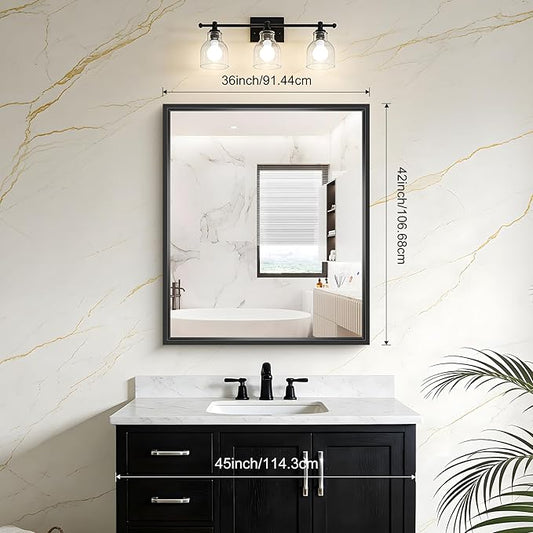 CIVENO Bathroom Mirror, 42 x 36 Inch Brushed Black Rectangle Mirror, 0.6" Thickened Deep Frame Mirrors for Wall Over Sink, Shatterproof Tempered Glass, Antirust, Horizontally or Vertically