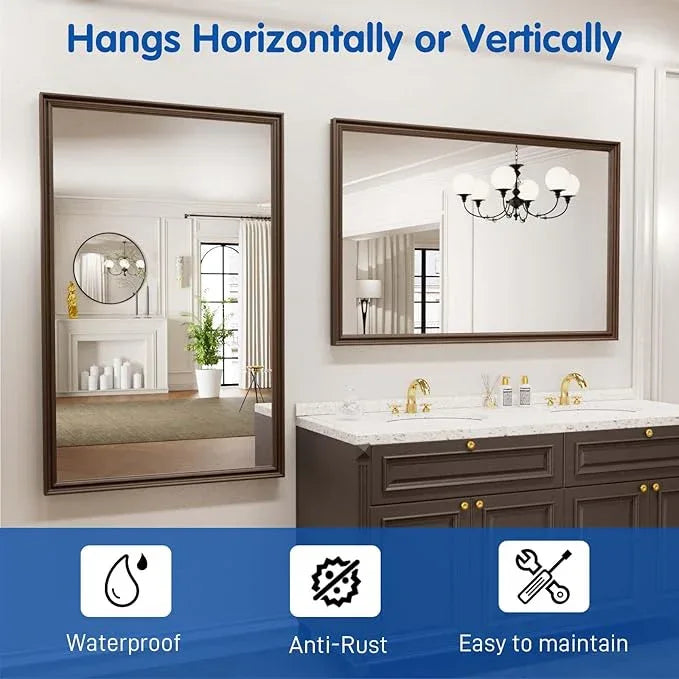 WEER Retro Copper Bathroom Mirror, 48x30 Inch Bronze Oil Rubbed Framed Mirror, Rectangle Classic Vintage Framed Wall Mirror, Farmhouse Vanity Mirror, Tempered Glass, Vertically or Horizontally - ModernBath