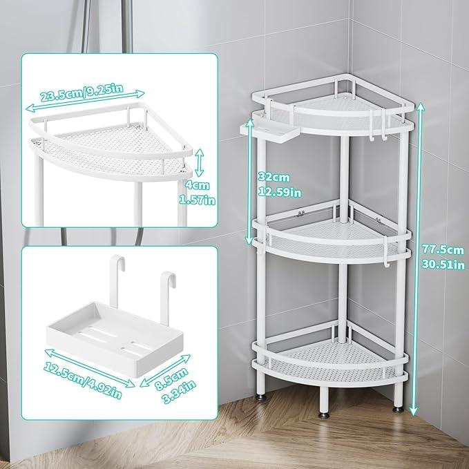 HapiRm Standing Corner Shower Caddy - 3 Tier Shower Organizer Corner with Soap Holder and 4 Hooks, Rustproof Bathroom Storage Shelves with Adhesives, White - ModernBath