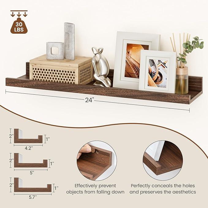 Heimlove Floating Shelves Set of 6, 24" Wall Mounted Picture Ledge, Display Shelf Organizer for Decor Storage, Wall Mounted Shelves for Living Room, Bedroom, Bathroom, Kitchen (Walnut) - ModernBath