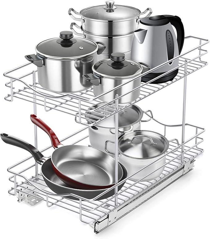 Fulgente Chrome Finish Pull Out Drawer Cabinet Organizer, Professional Wire Frame 2 Tier Heavy Duty Slide Out Kitchen Cabinet Storage Shelves, Sliding Drawer for Cabinet 11"W x 21"D - ModernBath