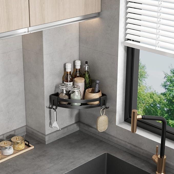 VOLPONE Corner Shower Caddy with Razor Holder Adhesive Shower Shelf Corner No Drilling (adhesive mounting, no suction cup) Bathroom Shower Organizer Storage Rack (2-Pack, Black) - ModernBath