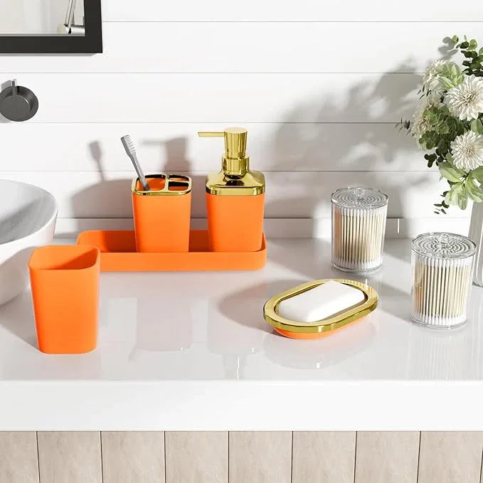 XLHOMO Orange Bathroom Accessories Set, Orange and Gold Bathroom Accessories with Trash Can, Soap Dispenser, Soap Dish, Toothbrush Holder and Q-tip Holders - ModernBath