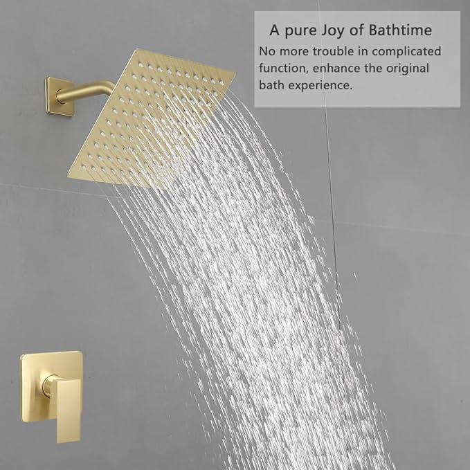 JingGang Brushed Gold Shower Faucet Set Bathroom Rainfall 8 Inch Shower Head System Single Handle Shower Trim Kit with Rough-in Valve - ModernBath