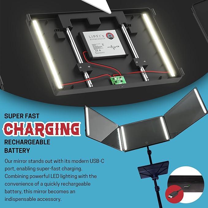 LIPFISBARBERSHOP.COM 360° Mirror with Tripod, 3-Way Mirro for Self Hair Cutting, Includes Crystal-Clear Glass, 4 LEDs, USB-C Fast Charging, Rechargeable Battery (360 Mirror + Tripod + Adapter) - ModernBath