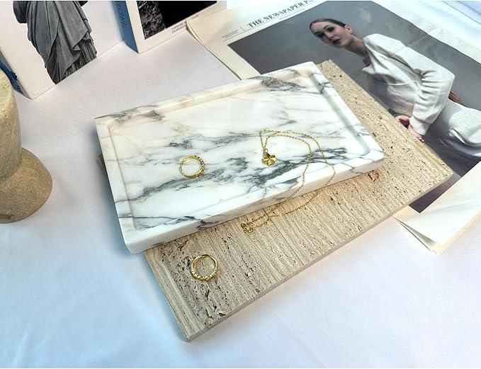 OAIQNUJ Natural White Marble Vanity Tray, 9.8"x5.9" Genuine Marble Stone Tray for Bathroom/Kitchen/Dresser (Arabescato) - ModernBath