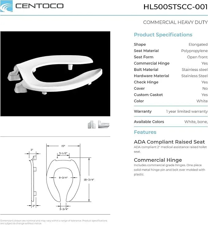 Centoco 2 inch Raised Toilet Seat for Seniors, Elongated, Open Front No Cover, Commercial, Plastic, Made in the USA, HL500STSCC-001, White - ModernBath