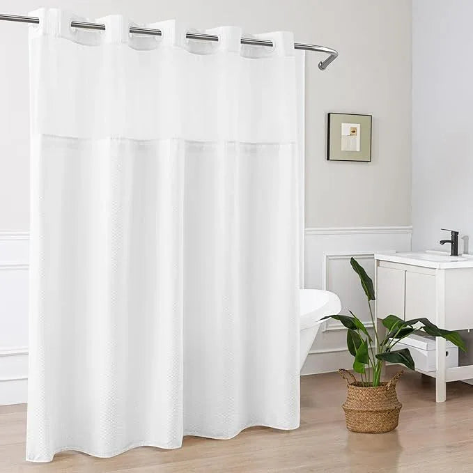 Mrs Awesome No Hook Shower Curtain with Snap-in Liner Less Time On/Off, Embossed Waffle-Look Textured Fabric Shower Curtain for Bathroom Hotel Style, Washable, Soft & Lightweight, 71x74, White - ModernBath