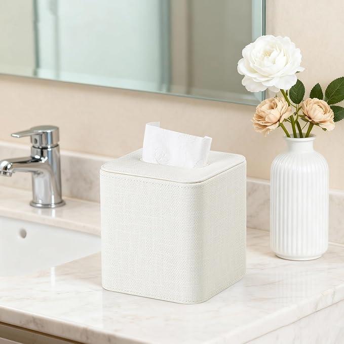 Cretkhp Square Tissue Box Cover with Magnetic Closure, Modern PU Leather Tissue Box Holder for Bathroom Vanity Countertop Night Stands Bedroom Office Desk, Stylish Cube Tissue Holder (Cream) - ModernBath