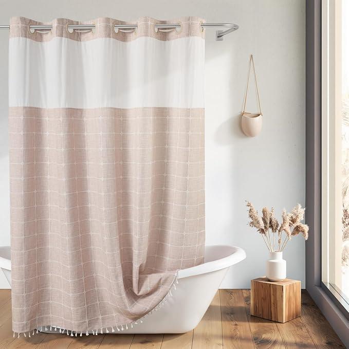 River Dream Farmhouse Pink Shower Curtain with Snap-in Liner, No Hooks Shower Curtain Set, with Tassels for Bathroom Decor,Shower Curtain and Liner with Sheer Window 71x74 Inch - ModernBath