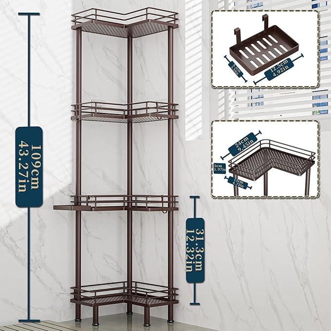 Consumest Corner Shower Caddy Standing - 4-Tier Stainless Steel Shower Organizer with Soap Holder and 4 Hooks, Large Capacity Corner Shelf Stand for Bathroom, Rest Room, Bronze - ModernBath